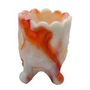 VTG Kanawha Toothpick Holder Orange White Slag Glass Strawberry Leaves Pattern